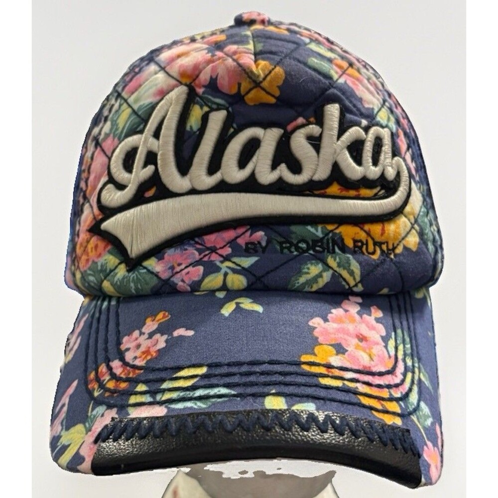 Alaska Hat Cap Strap Blue Pink Floral Quilted Souvenir Robin Ruth Womens OS
